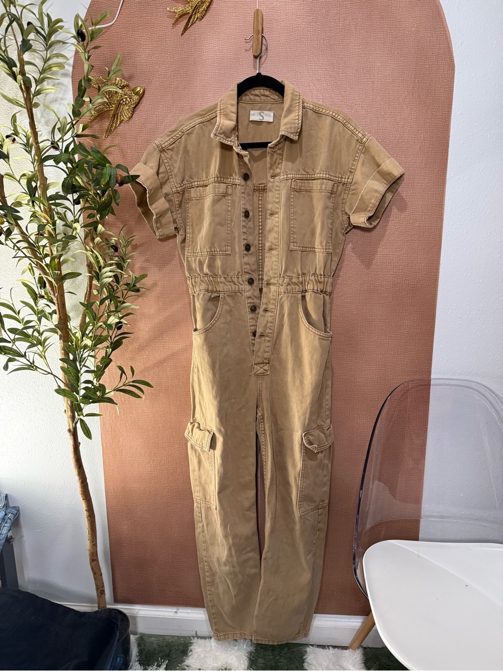 We The Free Khaki Short-Sleeve Utility Jumpsuit